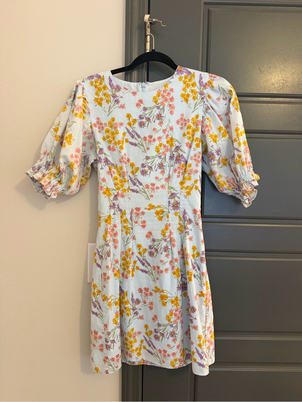 Sabo Skirt Light Blue Floral Puff-Sleeve Mini Dress